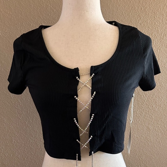 Lace up rhinestones ribbed crop top - Picture 5 of 10